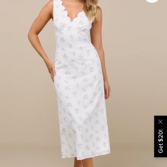 Lulus Natassa White Floral Swiss Dot Midi Dress - Size L - Picture 2 of 5